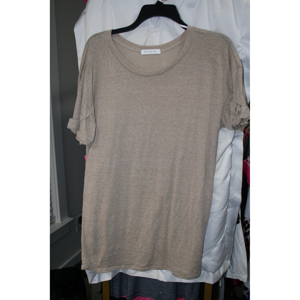 Potters Pot Womens Tan Ruffle Sleeve Slub Knit T-Shirt Small Made in USA D71864